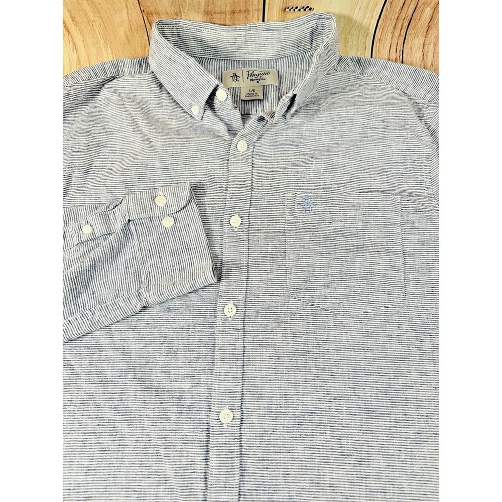 Original Penguin Shirt Men LARGE  Blue Button Down Long Sleeve Linen Blend LG